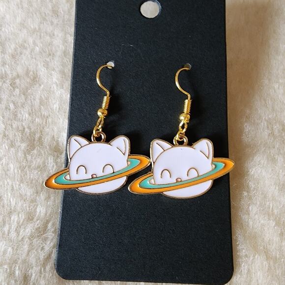 Saturn Cat Space Kitty Gamer Earrings - Picture 2 of 2